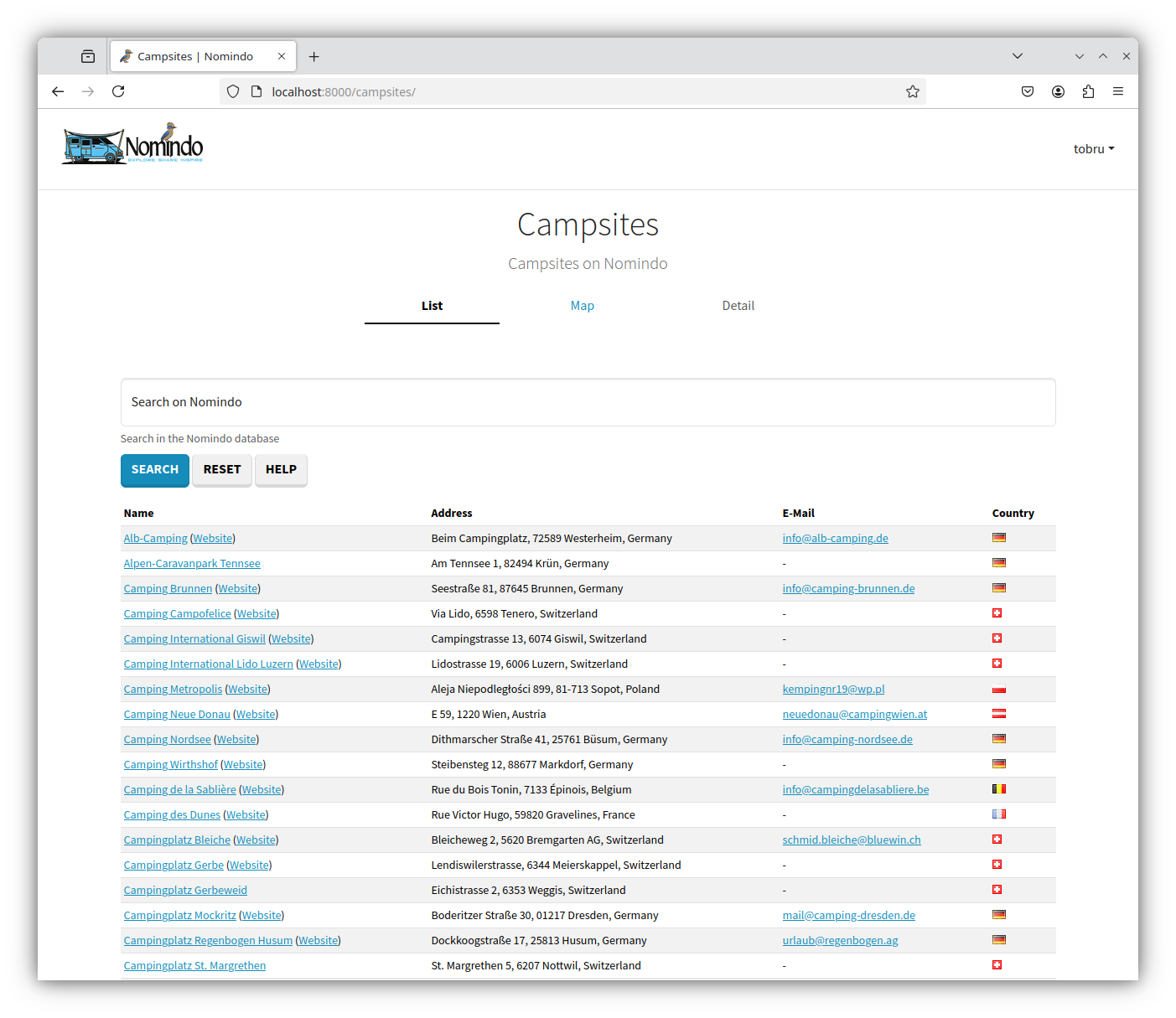 Liste der Campingplätze in Nomindo