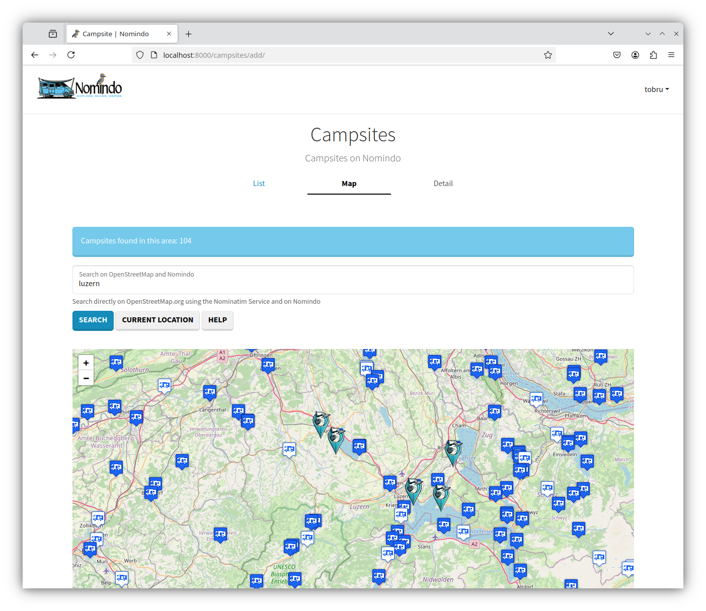 Karte der Campingplätze in Nomindo